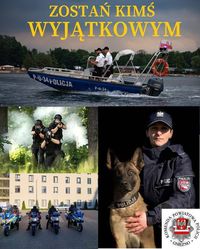 Plakat kolorowy. Zamieszczone 4 zdjęcia: policja na wodzie, policja z bronią, policja na motorach, policja z psem. Na dole z prawej strony logo policji w Gnieźnie.