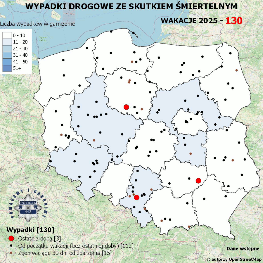 Mapa prezentująca liczbę wypadków poprzedniej doby w Polsce. Prezentowane dane są dostępne w tekście poniżej.