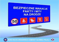 na niebieskim tle znaki drogowe, w tym ograniczenie do 50 km/h i napisem bezpieczne wakacje