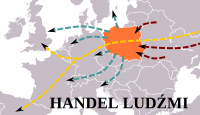mapa Europy z wyróżnieniem na żółto Polski z napisem Handel ludźmi