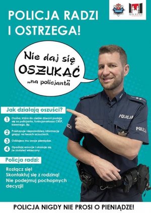 plakat z informacjami na temat oszustwa metodą na policjanta