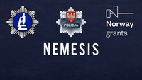 Plakat z granatowym tłem, loga akcji i napis NEMESIS.