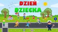 Kolorowy plakat z zielonymi barwami i bawiącymi się dziećmi.