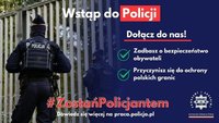 Plakat na niebieskim tle policjanci, napis wstąp do policji.