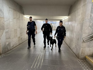 Przewodnik z psem policyjnym, funkcjonariusz Straży Ochrony Kolei i policjantka prewencji podczas patrolu dworca PKP.