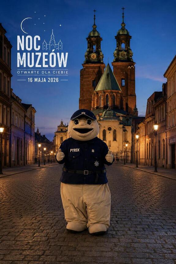 Maskotka wielkopolskiej Policji Sierżant Pyrek na tle katedry gnieźnieńskiej.