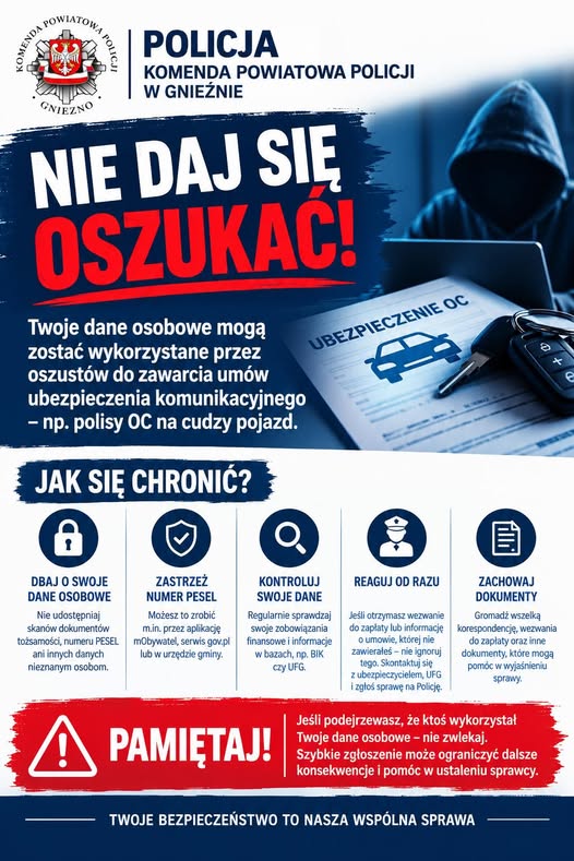 Kradzież tożsamości do zawarcia polis OC w Czerniejewie i Witkowie